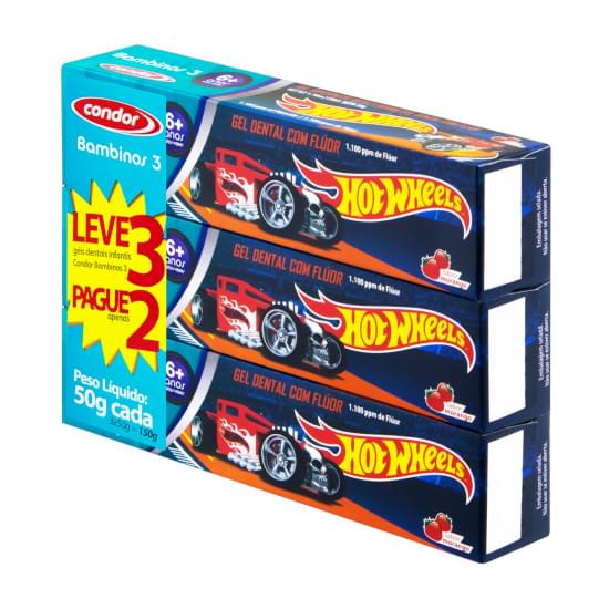 Imagem de Gel dental infantil com flúor morango hot wheels condor bambinos 3 caixa 50g cada leve 3 pague 2 unidades