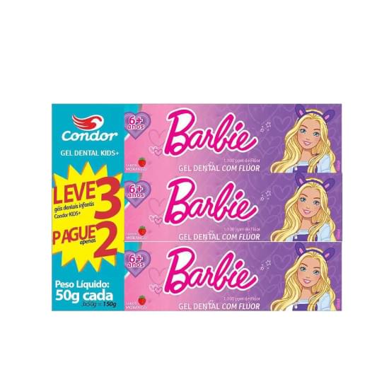 Imagem de Gel dental infantil com flúor morango barbie condor kids+ 3 caixa 50g cada leve 3 pague 2 unidades