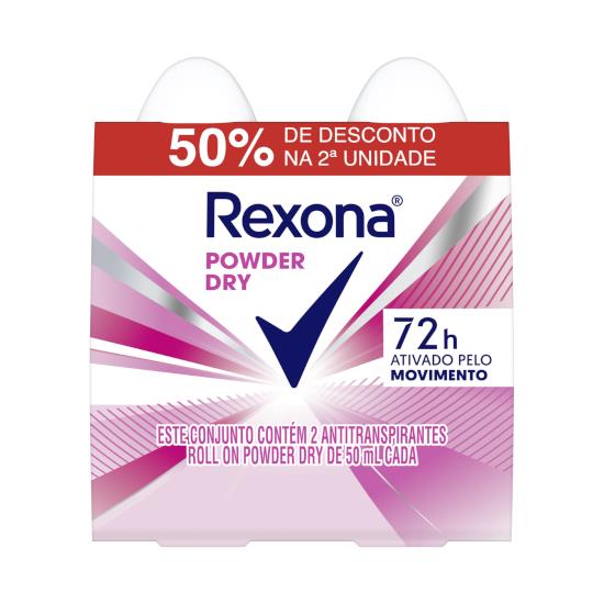 Imagem de Pack antitranspirante roll-on powder dry rexona 2 unidades 50ml cada grátis 50% de desconto na 2ª unidade