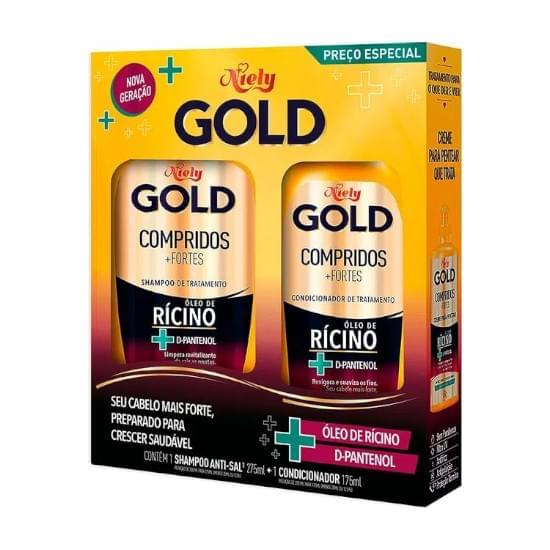 Imagem de Kit niely gold compridos + fortes oleo de ricino + d-pantenol shampoo 275ml e condicionador 175ml