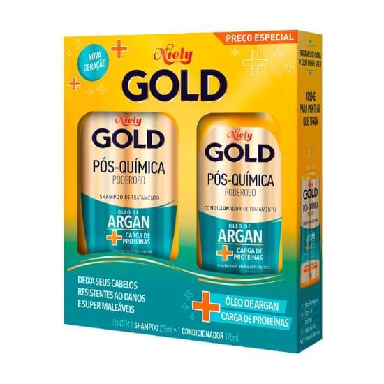 Imagem de Kit niely gold pós química óleo de argan + carga de proteinas shampoo 275ml e condicionador 175ml