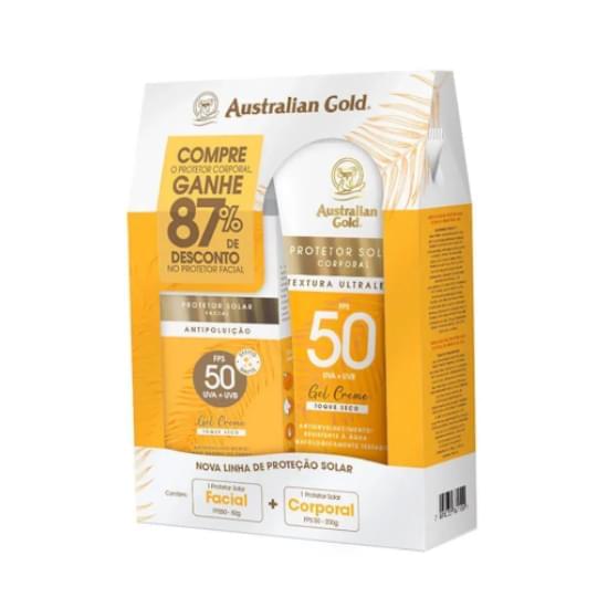 Imagem de Australian gold kit protetor solar corporal fps-50 200g + protetor solar facial fps-50 antipoluição 50g 87%off