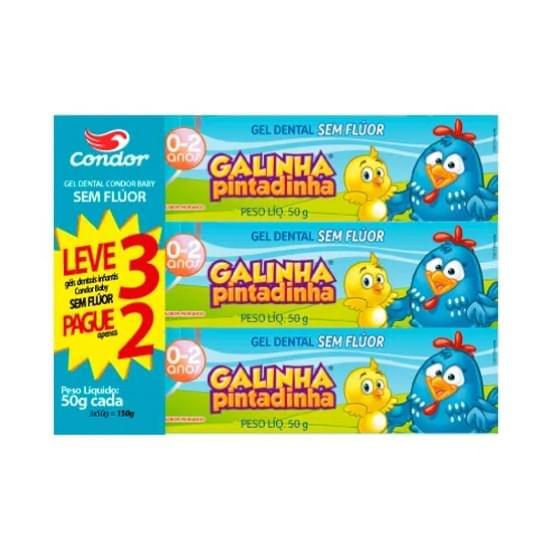 Imagem de Gel dental infantil sem flúor morango galinha pintadinha condor baby 3 caixa 50g cada leve 3 pague 2 unidades