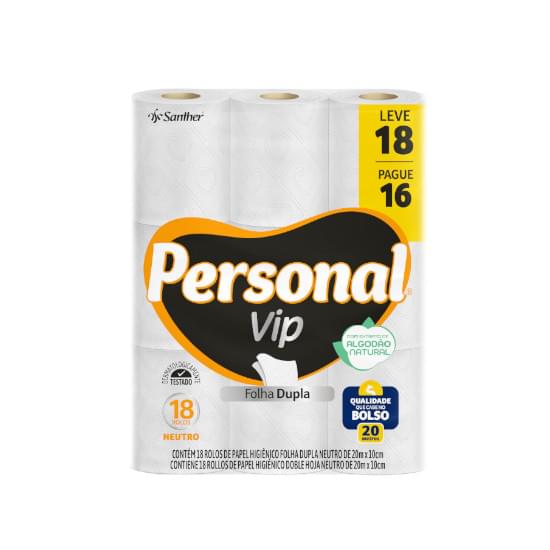 Imagem de Papel higiênico folha dupla neutro personal vip 20m | leve 18 pague 16 unidades