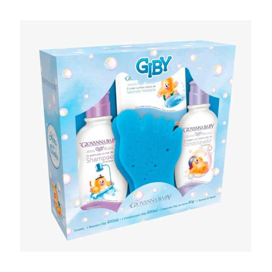 Imagem de Kit giovanna baby hora do banho giby shampoo 200ml + condicionador 200ml + sabonete em barra 90g + 1 esponja de banho azul