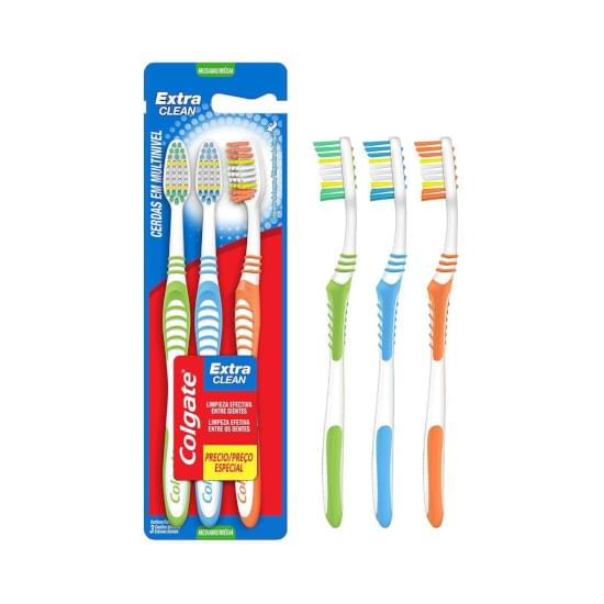 Imagem de Escova dental média colgate extra clean cabeça normal leve 3 pague 2 unidades