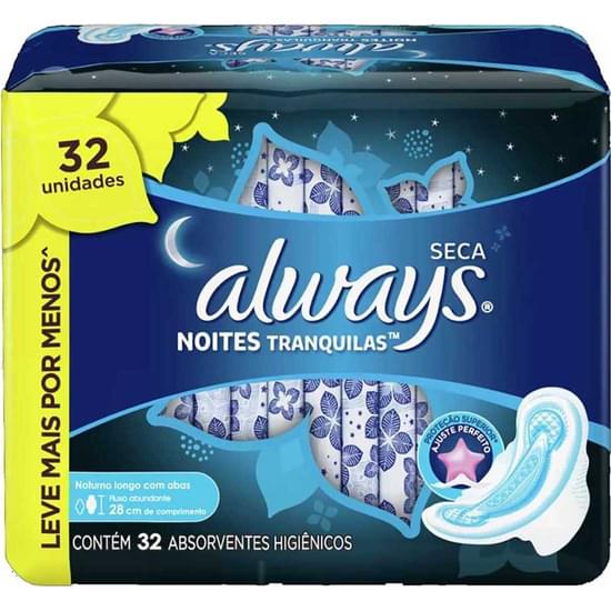 Imagem de Absorvente noturno always com abas noites tranquilas seca leve 32 pague 26 unidades