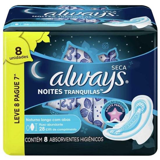 Imagem de Absorvente noturno always com abas noites tranquilas seca com 8 unidades