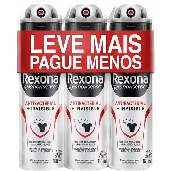 Imagem de Desodorante aerosol masculino rexona antibacterial + invisible | com 3 unidades preço especial