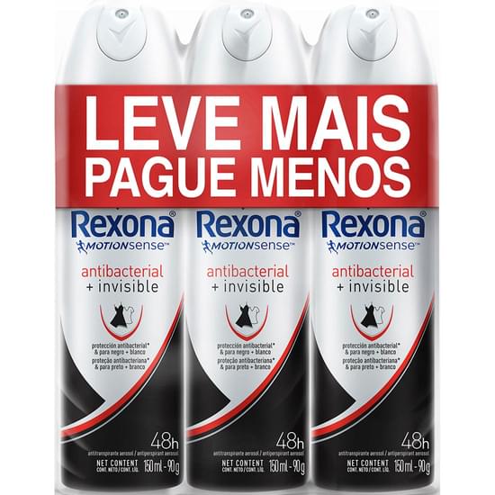 Imagem de Desodorante aerosol feminino rexona antibacterial + invisible 90g | com 3 unidades preço especial