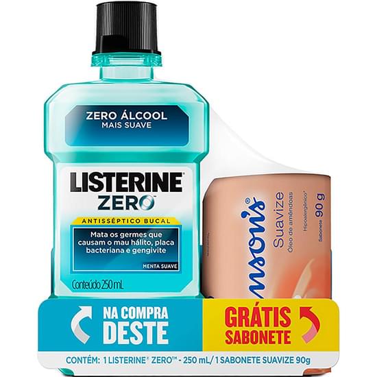 Imagem de Enxaguante bucal listerine zero álcool 250ml grátis sabonete em barra suavize johnsons 90g