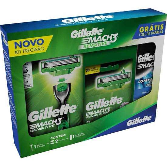 Imagem de Kit gillette liga da justiça aparelho de barbea mach 3 sensitive, 2 cargas e mini gel 71g