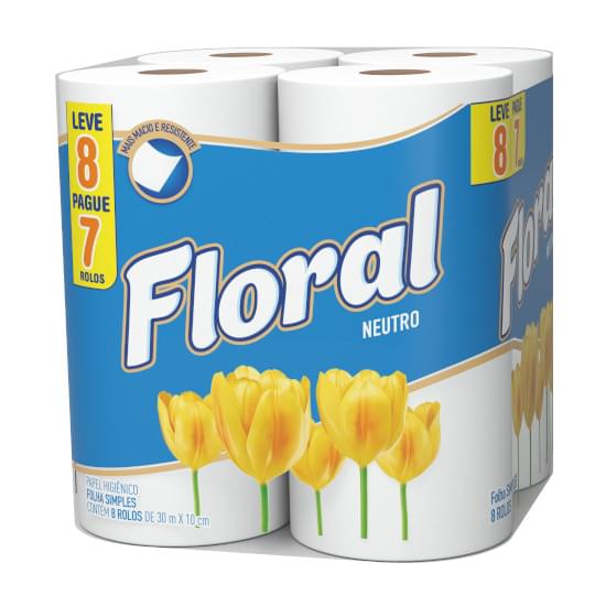 Imagem de Papel higiênico floral neutro 30 metros folha simples pacote 8 unidades