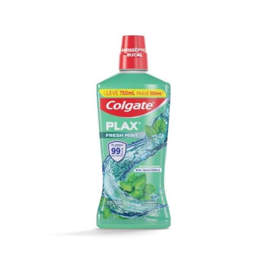 Imagem de Enxaguante bucal antisséptico zero álcool fresh mint colgate plax frasco leve 750ml pague 500ml