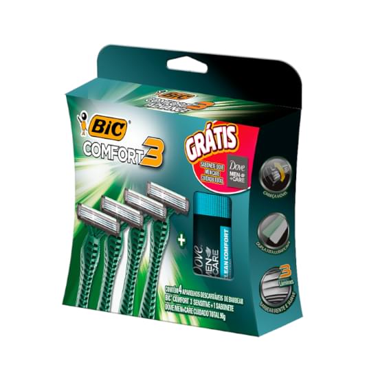 Imagem de Kit 4 barbeador bic comfort 3 + grátis um sabonete dove 90g