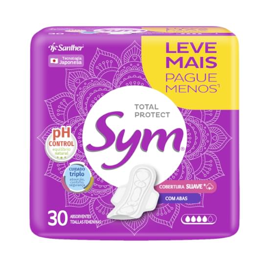 Imagem de Absorvente com abas total protect suave sym pacote com 30 unidades leve mais pague menos