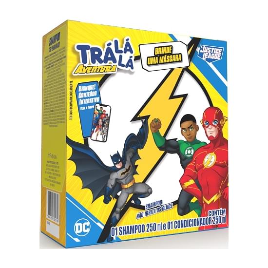 Imagem de Kit shampoo + condicionador infantil justice league trá lá lá aventura sem embaraço 250ml cada grátis uma máscara