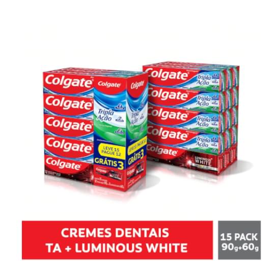 Imagem de Kit 12 cremes dentais menta original colgate tripla ação 90g cada grátis 3 luminous white 60g cada leve 15 pague 12 unidades