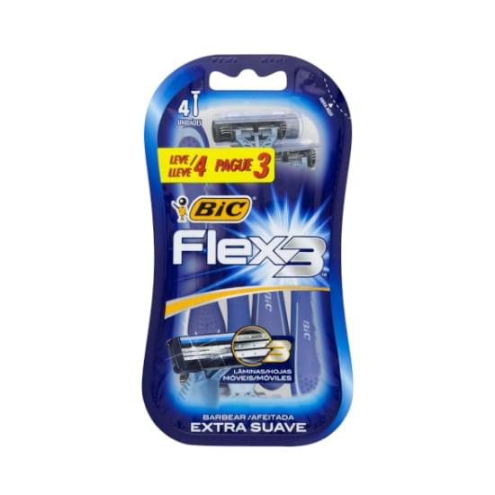 Imagem de Aparelho descartável para barbear extra suave bic flex 3 azul leve 4 pague 3 unidades