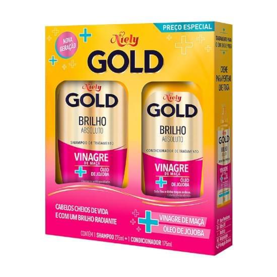 Imagem de Kit niely gold brilho absoluto vinagrecde maçã + oleo de jojoba shampoo 275ml e condicionador 175ml